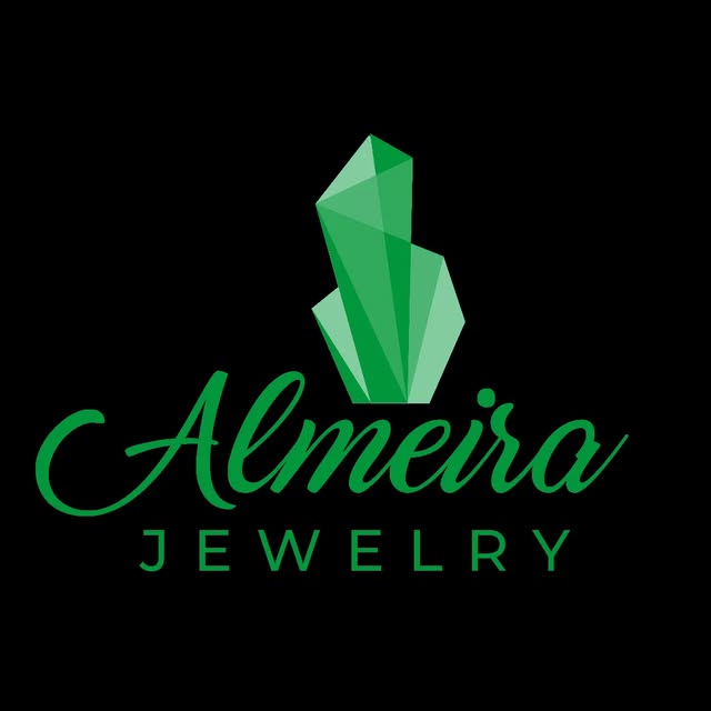 Logo de Almeira Jewelry: cristal de esmeralda sobre el nombre en letra cursiva